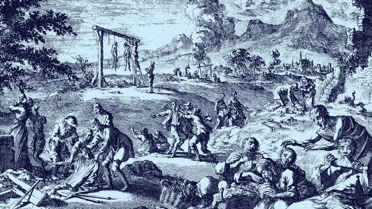 Eine düstere Szene zeigt die Verfolgung von Menschen, die als Hexen beschuldigt werden. Die Frage, wie viele Hexen wurden verbrannt, hallt in diesem Bild wider.