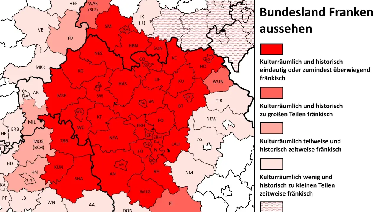 Karte von Franken mit farblich markierten Regionen und Legende.