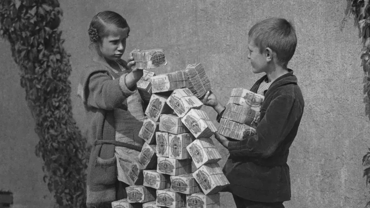 Kinder stapeln Bündel von Geldscheinen, ein Symbol für die Hyperinflation in Deutschland 1923.