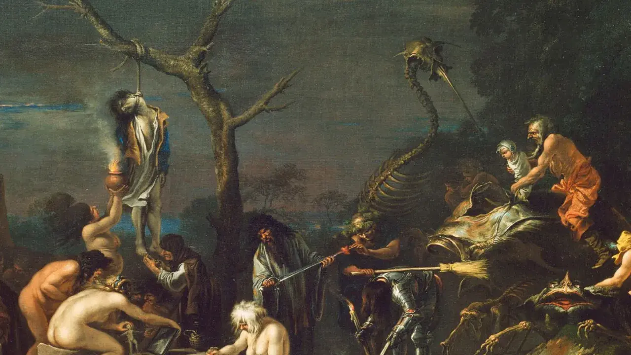 Szene der Hexenverfolgung: Eine Person hängt an einem Baum, während andere Hexen und Dämonen bei einem Ritual agieren.