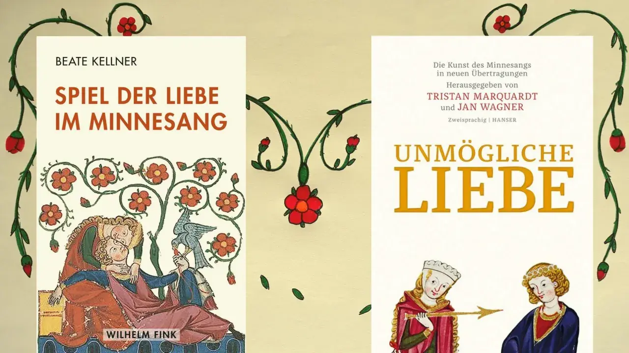 Zwei Bücher über den Minnesang im Mittelalter: "Spiel der Liebe im Minnesang" und "Unmögliche Liebe". Mittelalterliche Illustrationen schmücken die Buchcover.