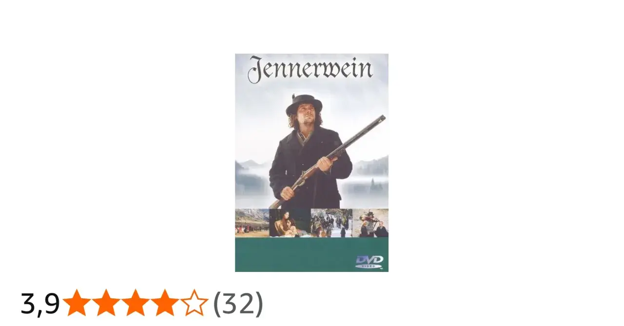 DVD-Cover "Jennerwein", ein Filmklassiker der bayerischen Heimatfilme. Ein Mann mit Gewehr und Hut vor nebliger Bergkulisse.