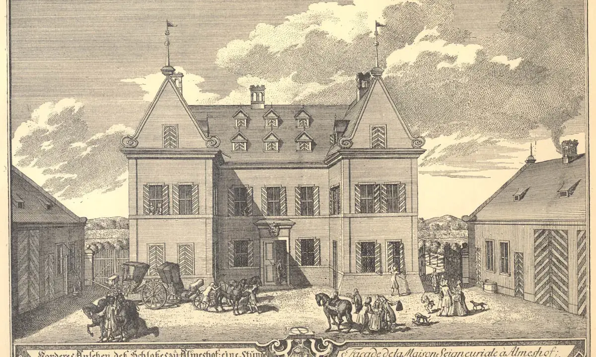 Ein Schloss mit Pferdekutschen und Menschen, das die Bedeutung von Patriziern als wohlhabende Bürger und Ratsherren Nürnbergs illustriert.