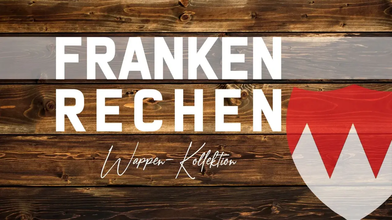 Holztextur mit weißer Schrift "FRANKEN RECHEN" und dem Frankenwappen.