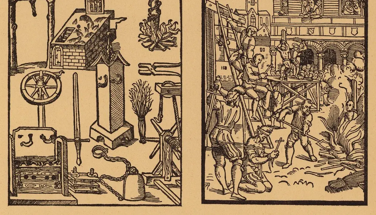 Ein **holzschnitt mittelalter** zeigt grausame Strafen: Folterwerkzeuge, ein Scheiterhaufen und Hinrichtungen.
