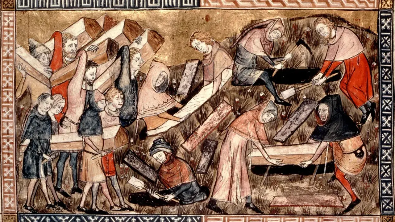 Mittelalterliche Illustration zeigt Menschen, die Särge tragen und Gräber ausheben. Dies erinnert an die Zeit, wann war die Pest in Europa, als Massengräber nötig waren.