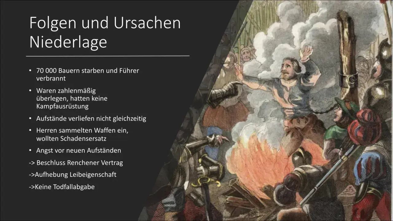 Ein Mann wird verbrannt, während Soldaten zusehen. Die Liste erklärt, wie endete der Bauernkrieg: 70.000 Bauern starben, Führer verbrannt, keine Ausrüstung, keine Einigkeit.