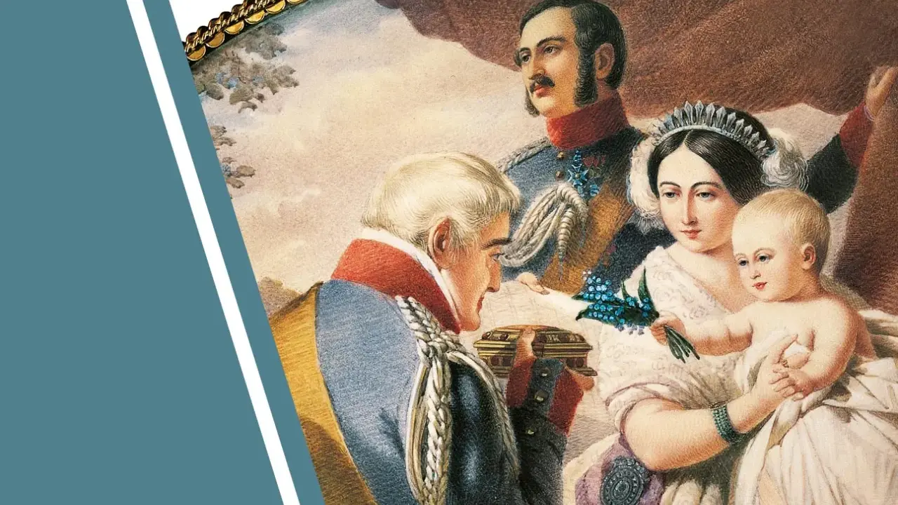 Victoria von Großbritannien und Irland mit Familie. Ein Mann überreicht ihr eine Schatulle, während Prinz Albert und ein Kind im Arm der Königin zu sehen sind.