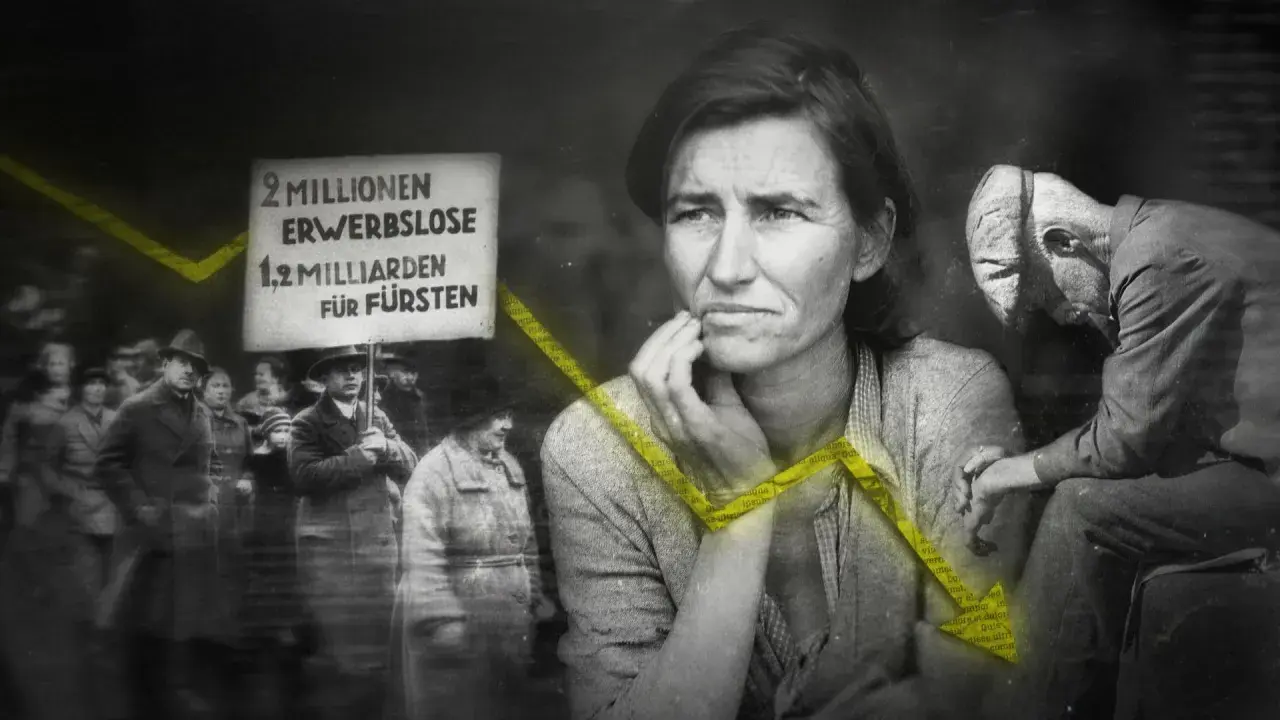 Eine Frau blickt besorgt, während eine Demonstration für Arbeitslose und gegen Fürsten stattfindet. Die Weltwirtschaftskrise war eine Zeit großer Not.