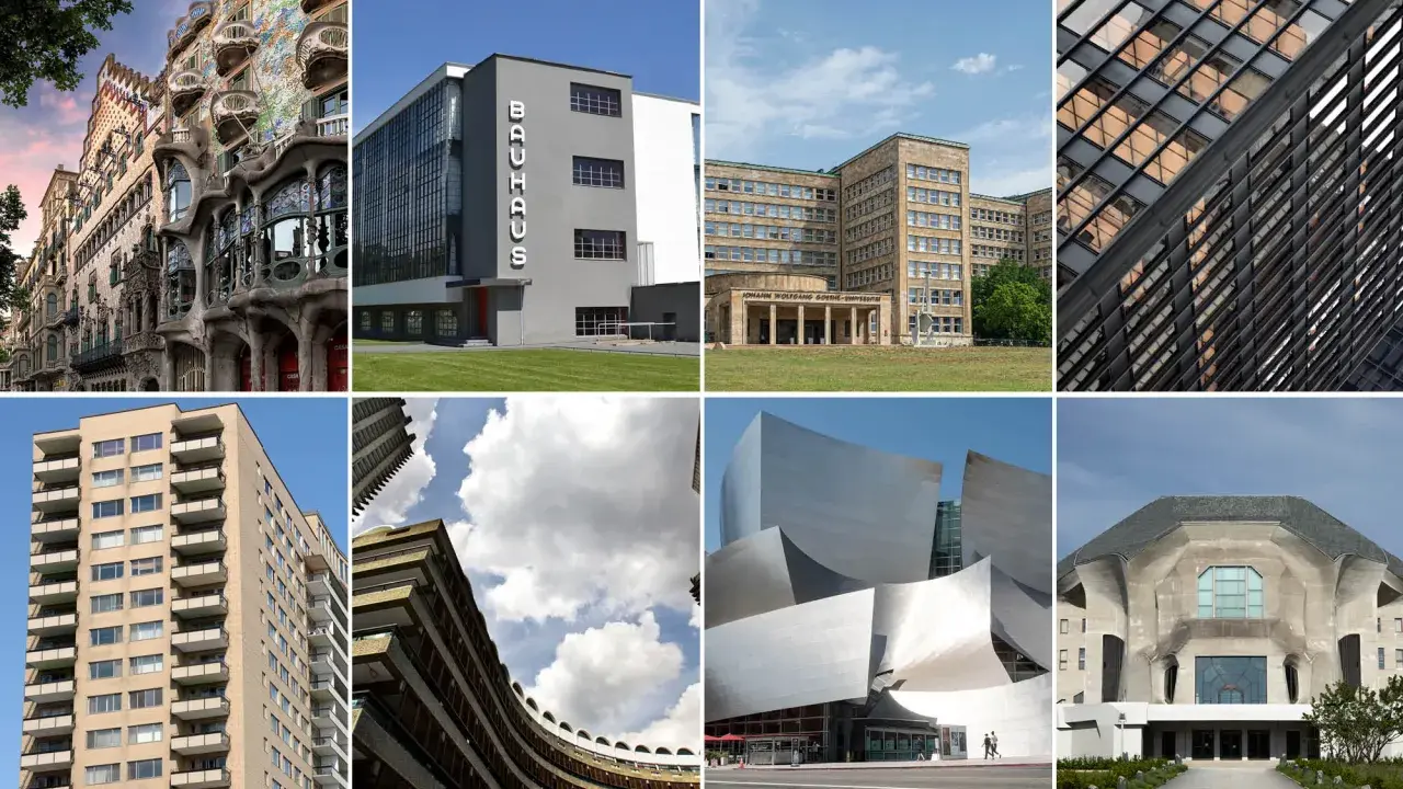 Collage zeigt verschiedene architektonische Stile, darunter Jugendstil und Bauhaus-Architektur der 1920er Jahre.