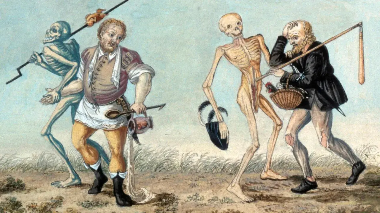 Zwei Skelette führen zwei Männer durch ein Feld. Eine Darstellung von Krankheiten im Mittelalter, die eine düstere Liste von Leiden andeutet.