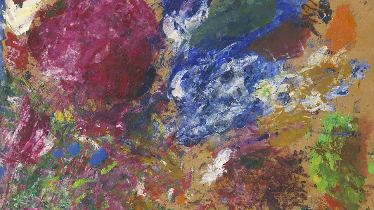 Abstrakte Farbexplosionen in Rot, Blau und Grün auf braunem Grund. Ein Werk von Hans Hofmann, das Energie und Bewegung ausstrahlt.