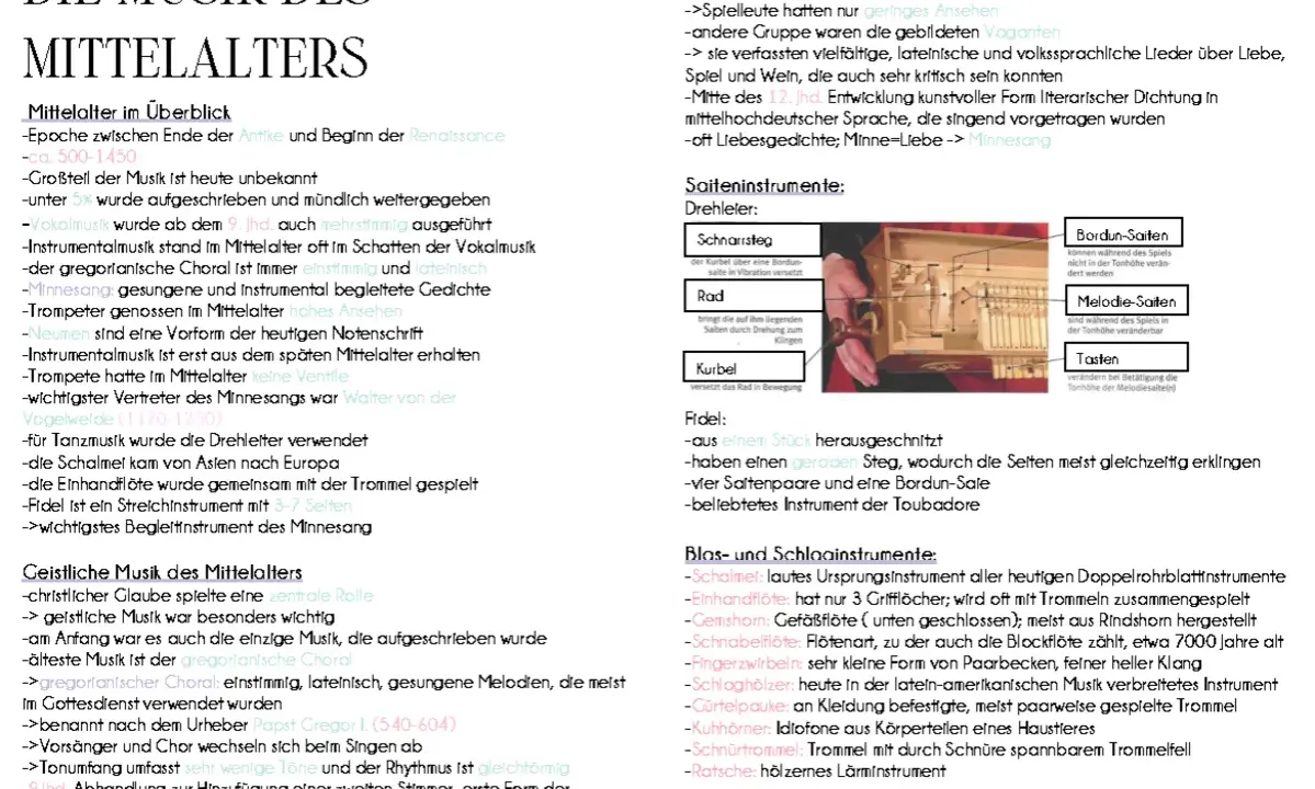 Mittelalterliche Musik: Gregorianischer Choral, Minnesang und Instrumente wie Fidel und Drehleier.