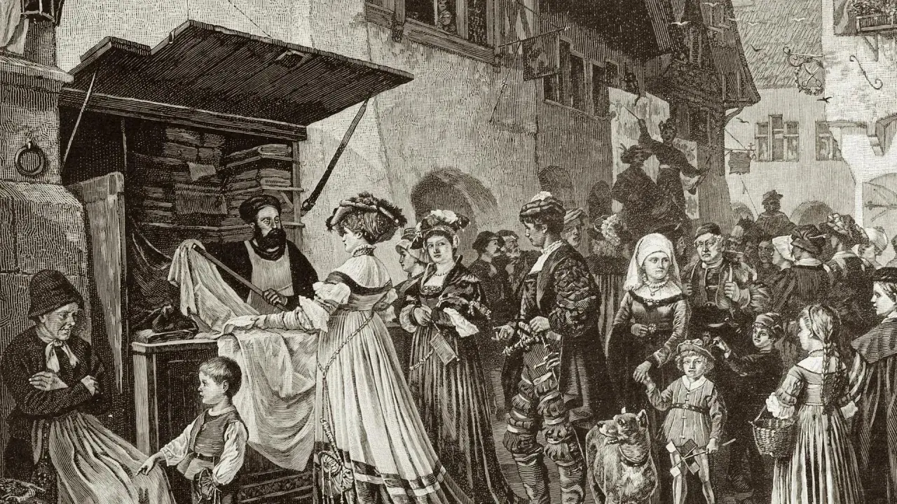 Marktplatz im Mittelalter: Händler, feine Damen und Kinder. Ein Händler zeigt Stoffe, während die Menge das Treiben beobachtet. Hier zeigt sich der **Racheverzicht im Mittelalter** durch friedlichen Handel.