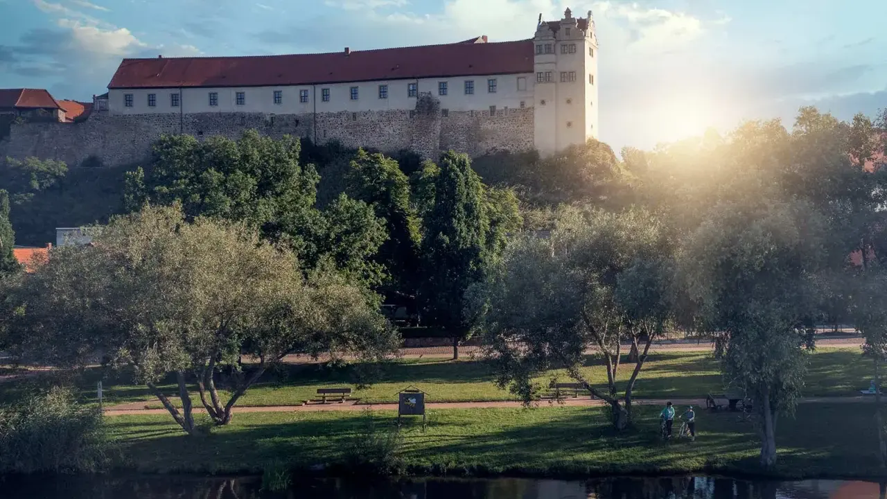 Schloss hinter Bäumen, ein Fluss im Vordergrund. Ein friedlicher Tag, wie ihn die Wettiner heute genießen könnten.