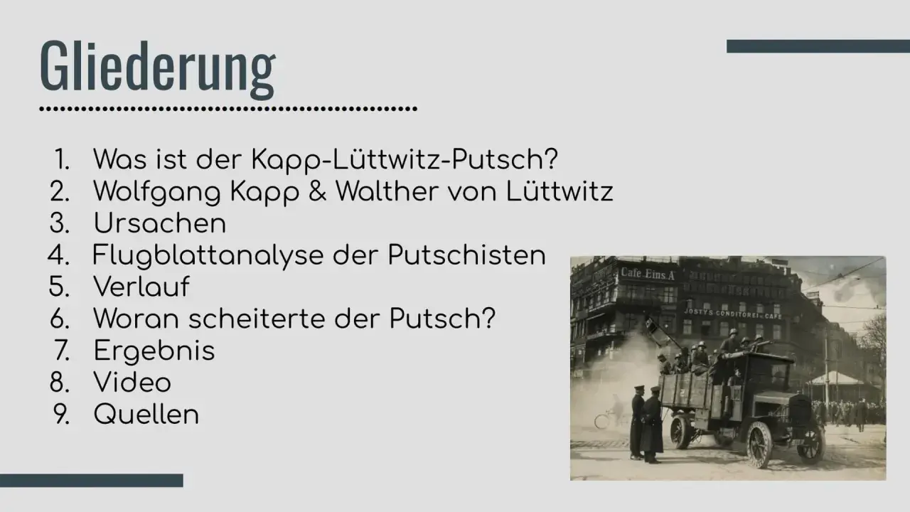 Ein LKW mit Soldaten, die den Kapp-Lüttwitz-Putsch 1920 darstellen, fährt durch eine Straße.