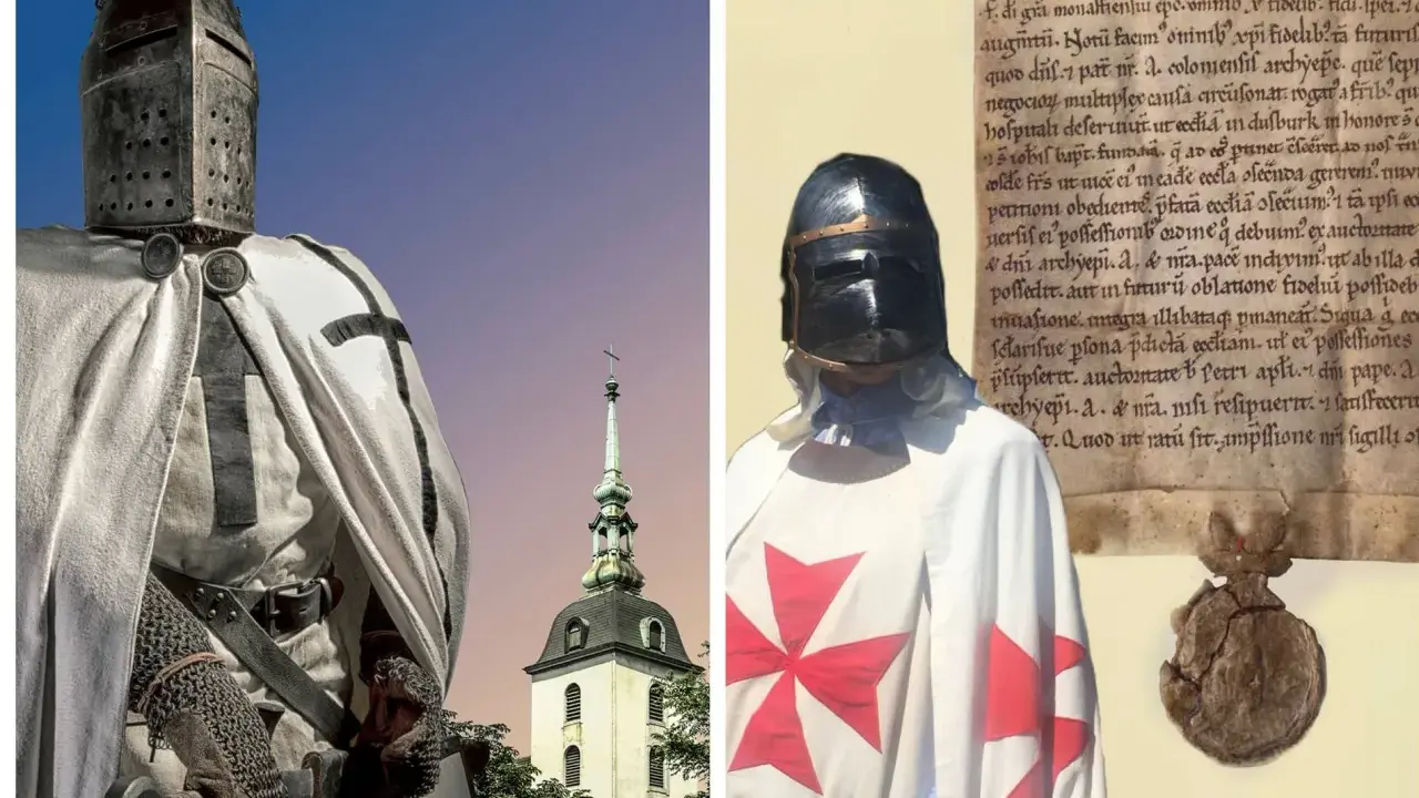 Ein deutscher Orden Ritter in voller Rüstung, mit einem Kreuz auf seinem Umhang, steht vor einer Kirche. Daneben ein Siegel und ein alter Text.