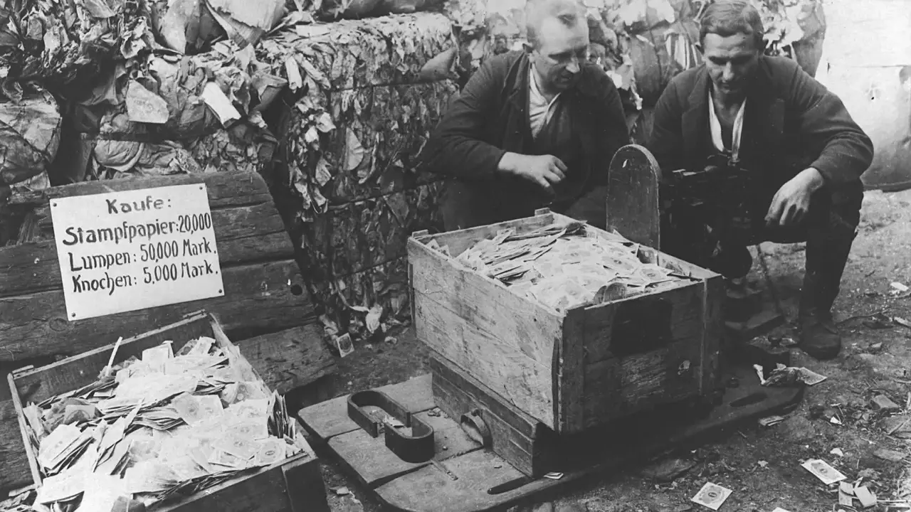 Männer mit Geldkisten, die die deutsche Inflation 1914-1923 illustrieren. Ein Schild listet Preise für Papier, Lumpen und Knochen in Mark auf.