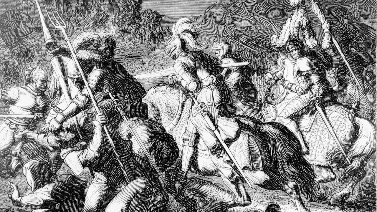 Ritter im Kampf, eine Szene, die an den Bauernkrieg erinnert, wann war der Bauernkrieg? Die Darstellung zeigt eine Schlacht mit gepanzerten Reitern und Fußsoldaten.