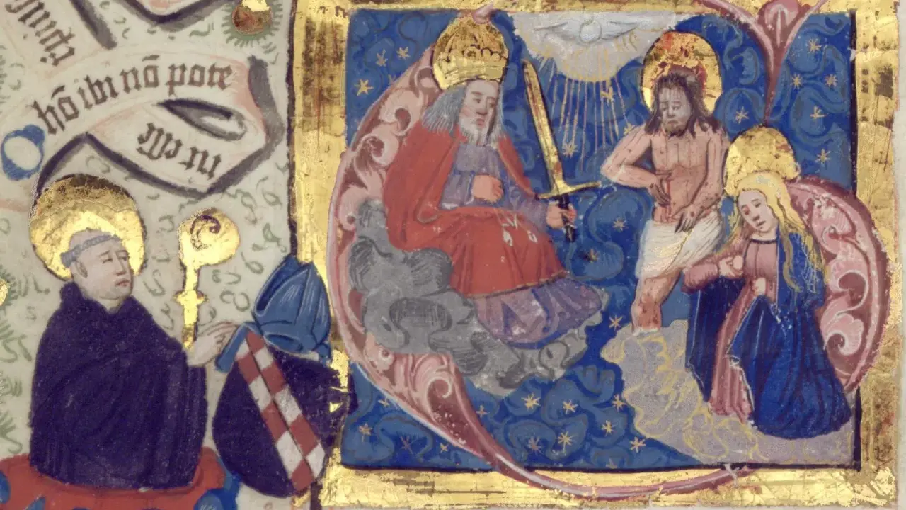 Detailreiche Buchmalerei Mittelalter: Gottvater mit Schwert, Christus, Maria und zwei Geistliche.