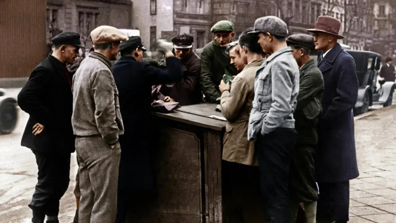 Männer stehen Schlange an einem Stand, vielleicht auf der Suche nach Arbeit während der weltwirtschaftskrise 1929.