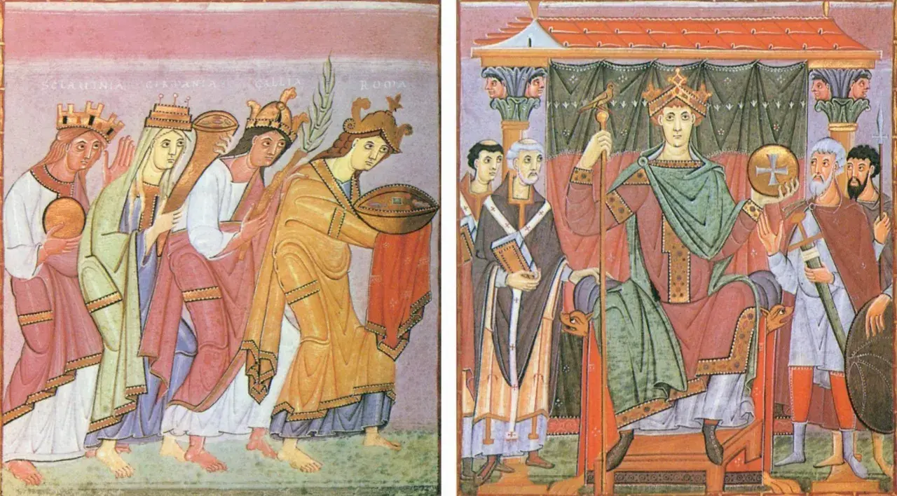 Könige und Königinnen, die Tribute bringen, symbolisieren die Bedeutung von Lehen und Herrschaft.