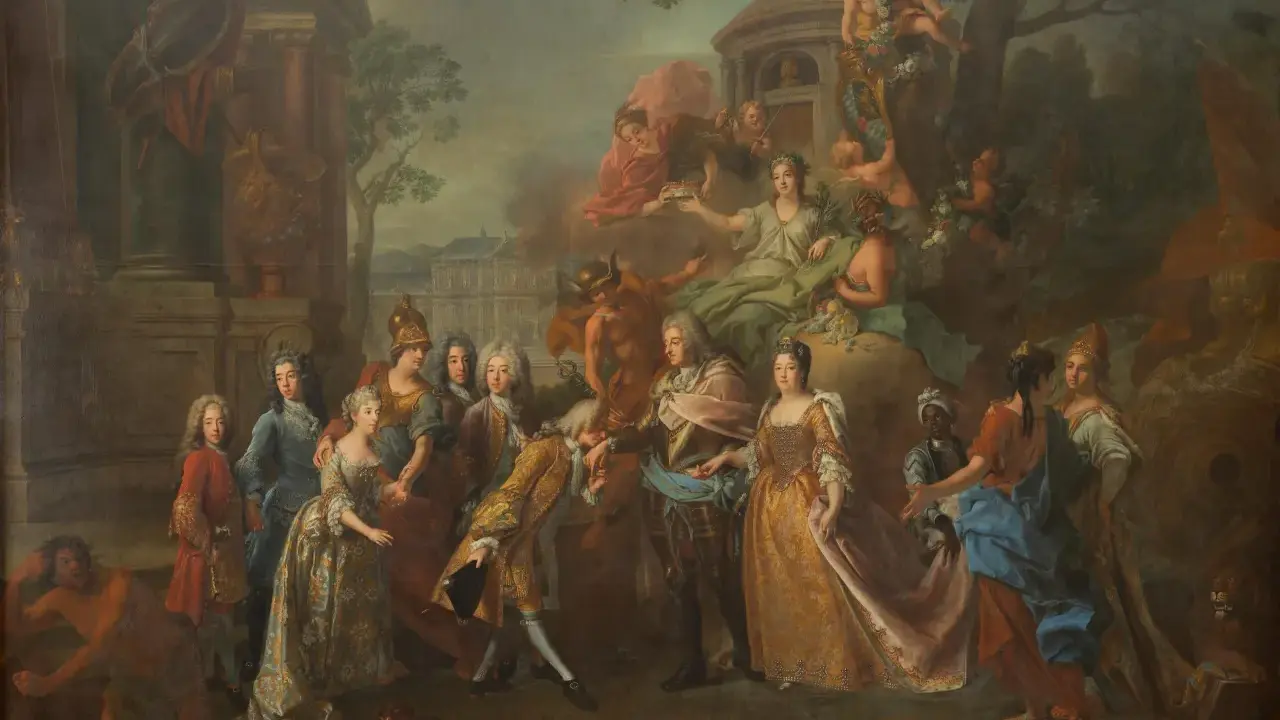 Max Emanuel Herzog in Bayern, umgeben von Adeligen und allegorischen Figuren, in einer prunkvollen Szene vor einem Schloss.