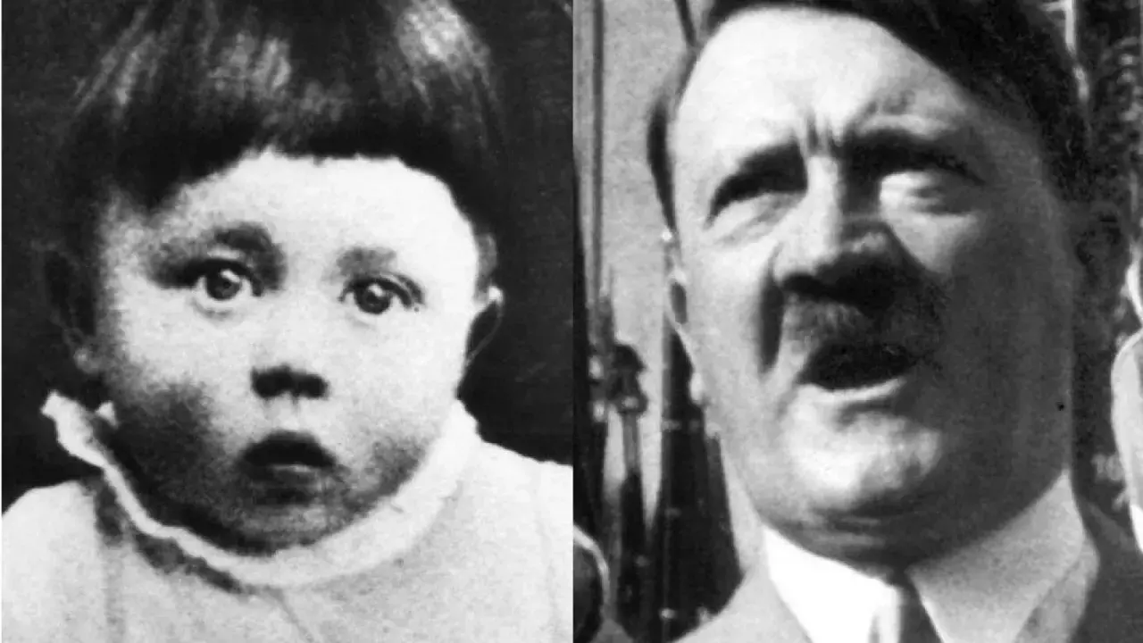 Links ein Baby, rechts ein Erwachsener mit Schnurrbart. Die Bilder zeigen die Entwicklung von Adolf Hitler von seiner Geburt bis zu seinem Erwachsenenalter.