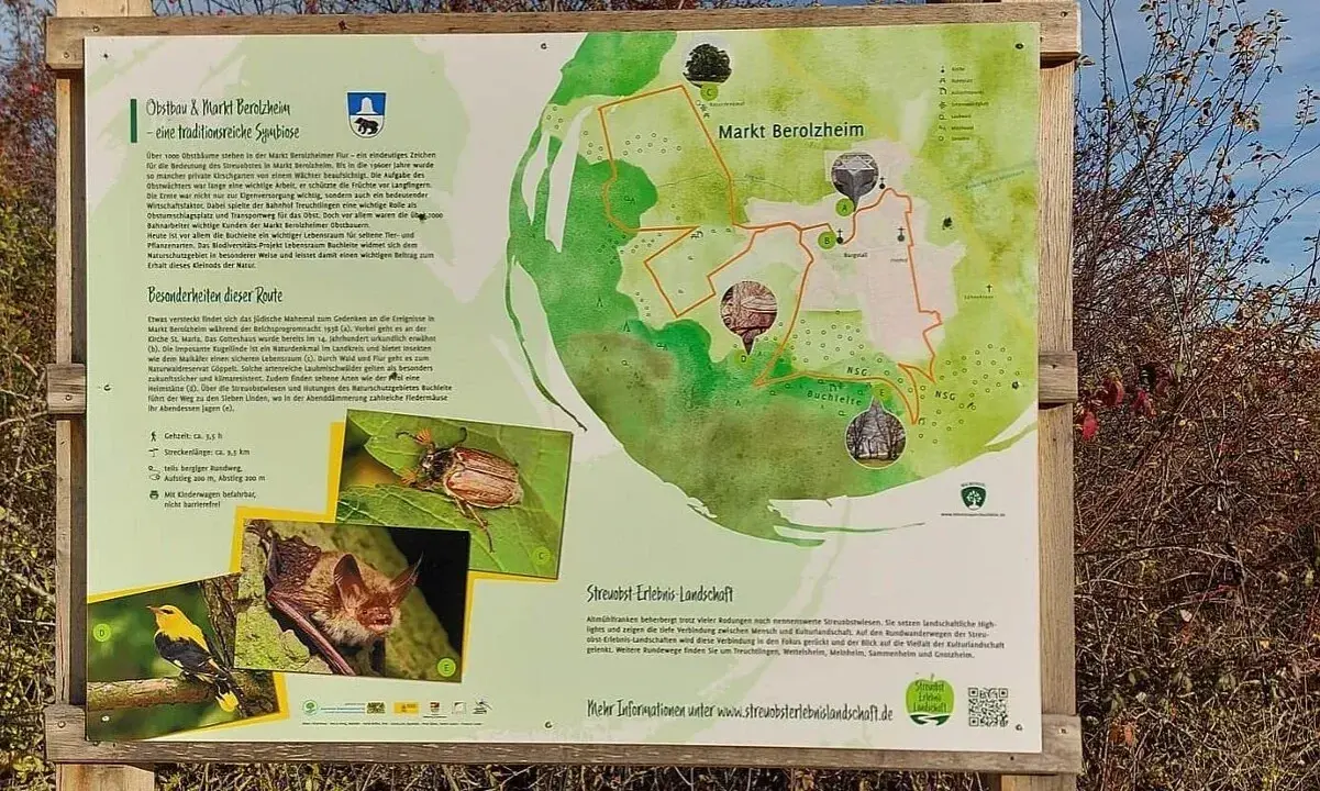 Karte des Obstbau- und Streuobst-Erlebnis-Landschafts-Weges in Markt Berolzheim mit Infos zu Flora, Fauna und Route.