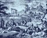 Eine düstere Szene zeigt die Verfolgung von Menschen, die als Hexen beschuldigt werden. Die Frage, wie viele Hexen wurden verbrannt, hallt in diesem Bild wider.