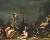 Szene mit mittelalterlichen Hexen, die einen Toten am Baum aufhängen und einen seltsamen Kult praktizieren.