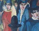 Expressionistisches Gemälde zeigt eine Gruppe von Menschen in modischer Kleidung. Ein Mann raucht, während Frauen mit auffälligen Hüten und Kragen posieren. Ein Werk, das die Debatte um ns raubkunst neu entfacht.
