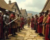 Männer in mittelalterlicher Kleidung und Rüstung stehen sich in einer Gasse gegenüber. Ein Blick in die Franken Geschichte.