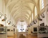 Prunkvolle Halle des deutschen Jagd- und Fischereimuseums mit Geweihen, Waffen und Gemälden.