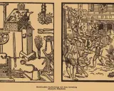 Ein **holzschnitt mittelalter** zeigt grausame Strafen: Folterwerkzeuge, ein Scheiterhaufen und Hinrichtungen.