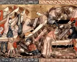 Mittelalterliche Illustration zeigt Menschen, die Särge tragen und Gräber ausheben. Dies erinnert an die Zeit, wann war die Pest in Europa, als Massengräber nötig waren.