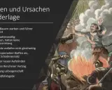 Ein Mann wird verbrannt, während Soldaten zusehen. Die Liste erklärt, wie endete der Bauernkrieg: 70.000 Bauern starben, Führer verbrannt, keine Ausrüstung, keine Einigkeit.