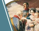 Victoria von Großbritannien und Irland mit Familie. Ein Mann überreicht ihr eine Schatulle, während Prinz Albert und ein Kind im Arm der Königin zu sehen sind.