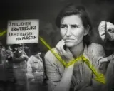 Eine Frau blickt besorgt, während eine Demonstration für Arbeitslose und gegen Fürsten stattfindet. Die Weltwirtschaftskrise war eine Zeit großer Not.