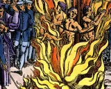 Darstellung der Hexenverfolgung: Menschen werden auf einem Scheiterhaufen verbrannt, während eine Menge zusieht. Ein Baby fliegt in die Flammen.