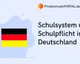 Das Bild zeigt die deutsche Flagge und den Text "Schulsystem und Schulpflicht in Deutschland". Es wirft die Frage auf, seit wann Schulpflicht in Deutschland besteht.