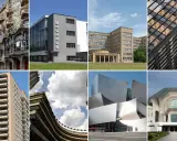 Collage zeigt verschiedene architektonische Stile, darunter Jugendstil und Bauhaus-Architektur der 1920er Jahre.