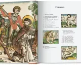 Altes Buch mit Holzschnitten, die eine Szene aus Hartmann Schedels Chronik zeigen. Der Inhalt listet Kapitel über die Weltchronik auf.