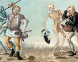 Zwei Skelette führen zwei Männer durch ein Feld. Eine Darstellung von Krankheiten im Mittelalter, die eine düstere Liste von Leiden andeutet.
