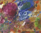 Abstrakte Farbexplosionen in Rot, Blau und Grün auf braunem Grund. Ein Werk von Hans Hofmann, das Energie und Bewegung ausstrahlt.