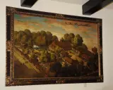 Gemälde von Josef Wagner: "Der Augustinerkeller" mit Menschen, Bäumen und Gebäuden.