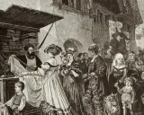 Marktplatz im Mittelalter: Händler, feine Damen und Kinder. Ein Händler zeigt Stoffe, während die Menge das Treiben beobachtet. Hier zeigt sich der **Racheverzicht im Mittelalter** durch friedlichen Handel.
