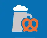Ein Bierkrug mit Schaum und eine Brezel, Symbole für bayerische Regionen und Genuss.