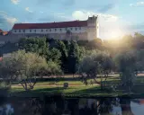 Schloss hinter Bäumen, ein Fluss im Vordergrund. Ein friedlicher Tag, wie ihn die Wettiner heute genießen könnten.