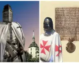 Ein deutscher Orden Ritter in voller Rüstung, mit einem Kreuz auf seinem Umhang, steht vor einer Kirche. Daneben ein Siegel und ein alter Text.
